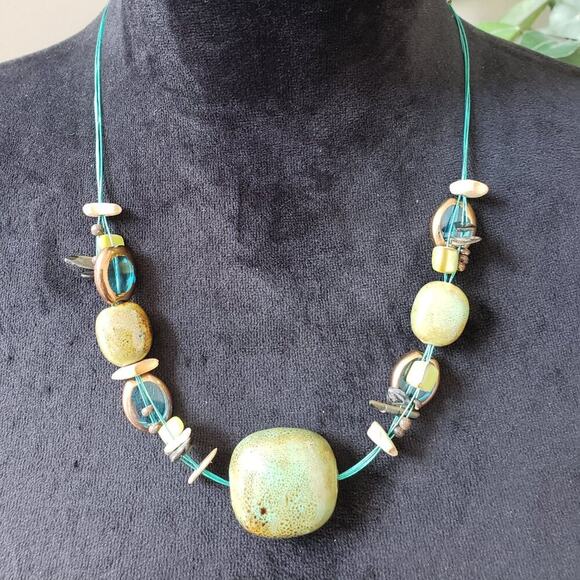 Premier Designs Women Ocean Girls Ceramic Glass Green Blue Bead Retired Necklace - Picture 1 of 6
